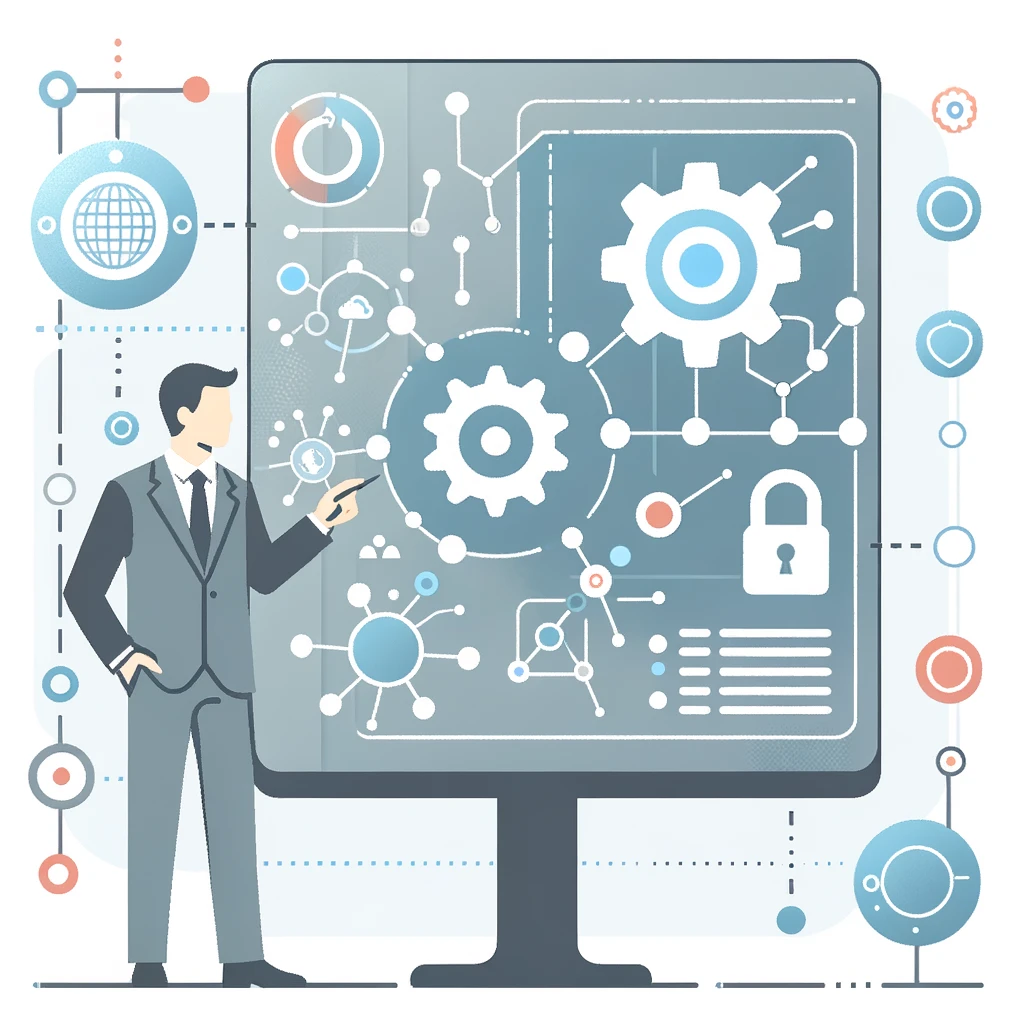 A consultant operates a touch screen with digital icons, in blue tones