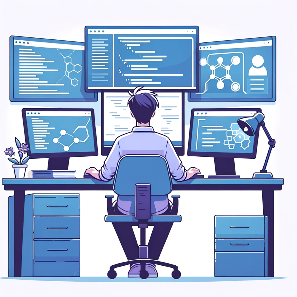 A developer codes at a multi-screen setup with pastel highlights