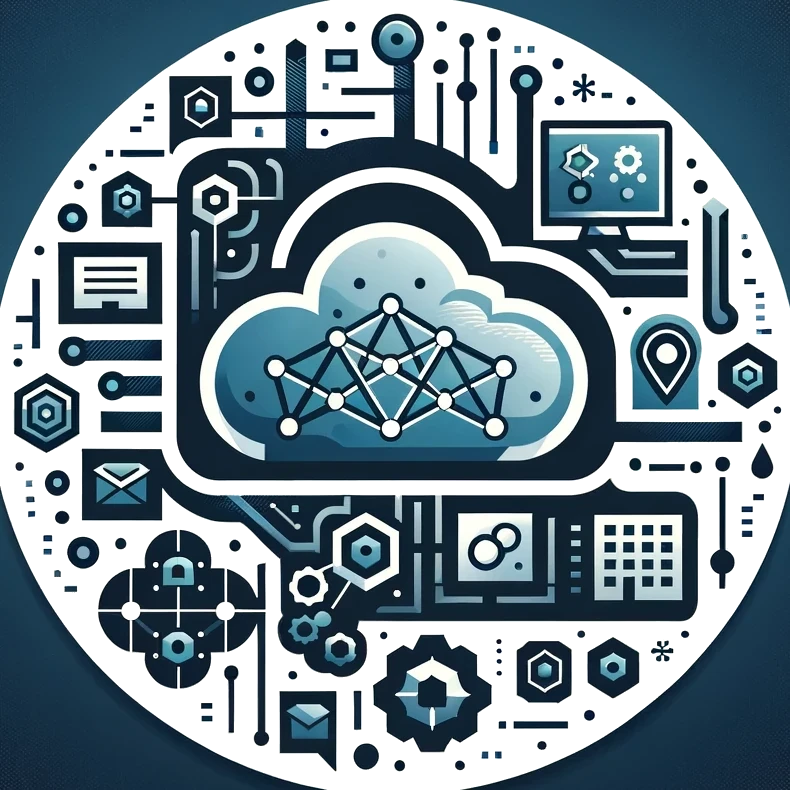 Stylized digital network icon in shades of blue and gray