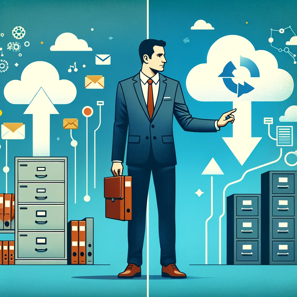 A figure transitions from file cabinets to digital cloud storage